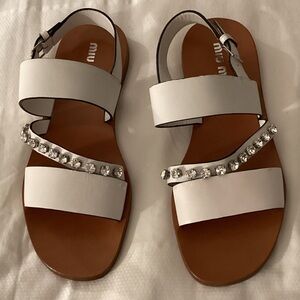 Miu Miu White Leather Crystal Embellished Strappy Sandals